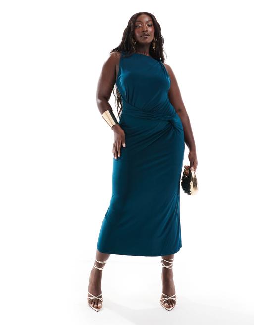 ASOS DESIGN Curve - Vestito midi incrociato accollato in rete blu petrolio