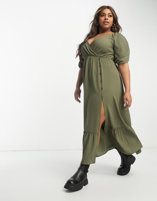 ASOS DESIGN Curve - Vestito midi kaki con corpino a portafoglio, fondo peplo e bottoni sulla gonna