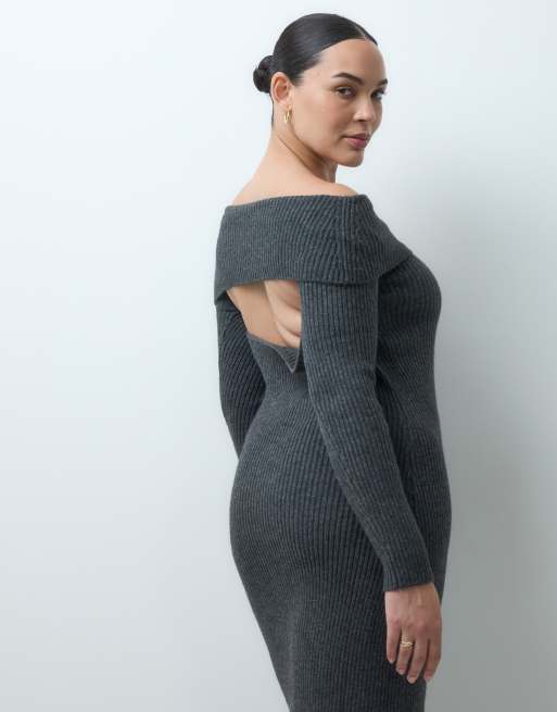 ASOS DESIGN Curve vestito midi lungo in maglia con schiena aperta e scollo Bardot in antracite, 2 di 4