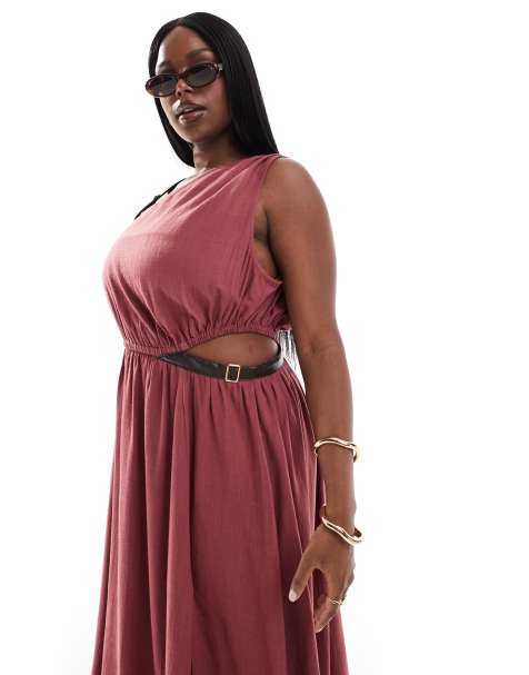 ASOS DESIGN Curve - Vestito midi monospalla testurizzato bordeaux con finiture in pelle sintetica - view 1