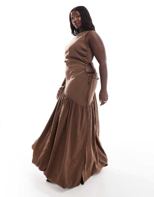 ASOS DESIGN Curve - Vestito midi morbido drappeggiato con allacciatura e coulisse sui lati marrone