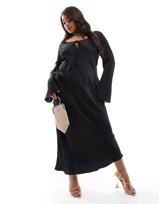 ASOS DESIGN Curve - Vestito midi nero allacciato sul davanti a maniche lunghe con profili