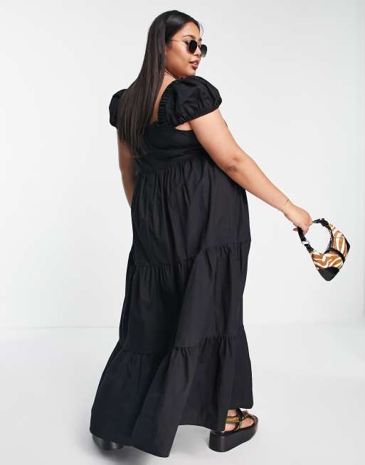 ASOS DESIGN Curve - Vestito midi nero con bustino arricciato e gonna a balze, 2 di 4