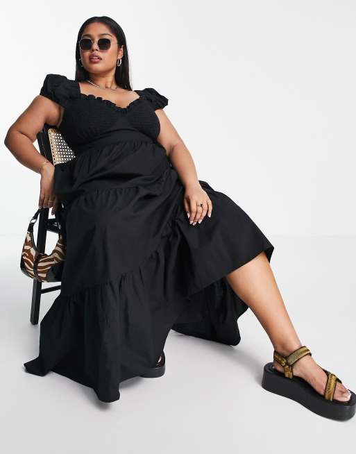 ASOS DESIGN Curve - Vestito midi nero con bustino arricciato e gonna a balze, 4 di 4