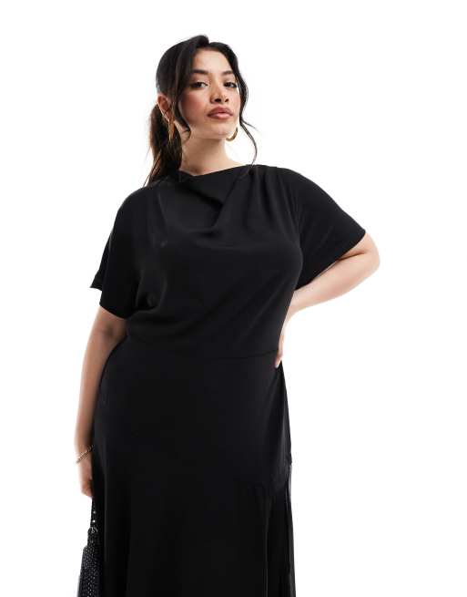ASOS DESIGN Curve - Vestito midi nero con scollo ad anello e fondo asimmetrico a pieghe, 2 di 4
