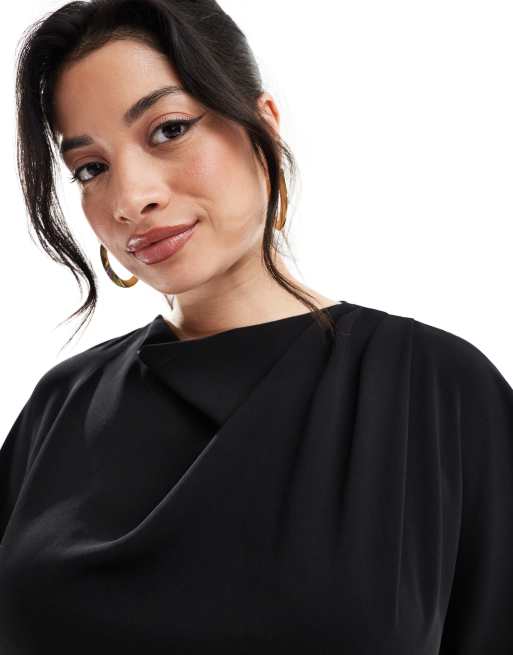 ASOS DESIGN Curve - Vestito midi nero con scollo ad anello e fondo asimmetrico a pieghe, 4 di 4