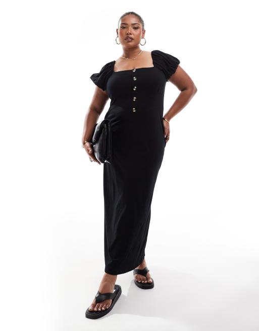 ASOS DESIGN Curve - Vestito midi nero con scollo squadrato, bottoni sul davanti e maniche a sbuffo