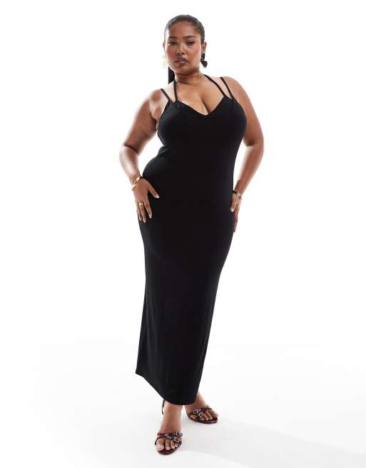 ASOS DESIGN Curve - Vestito midi nero con spalline doppie e scollo rotondo