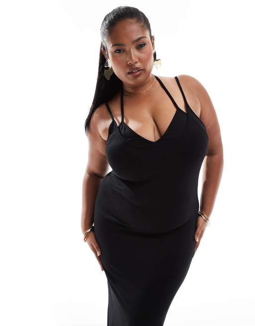ASOS DESIGN Curve - Vestito midi nero con spalline doppie e scollo rotondo, 2 di 4