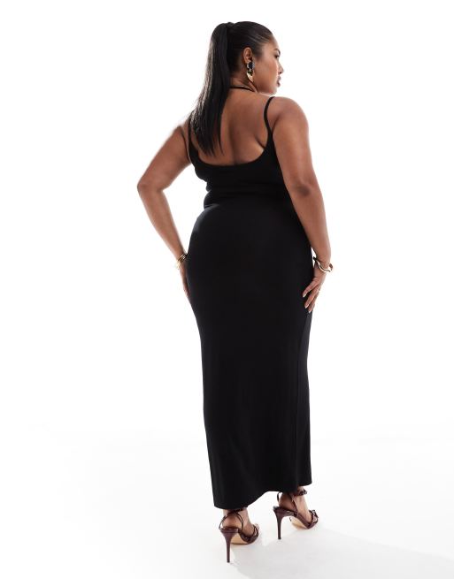 ASOS DESIGN Curve - Vestito midi nero con spalline doppie e scollo rotondo, 4 di 4