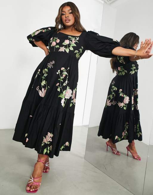 ASOS DESIGN Curve - Vestito midi nero stretto in vita con rose selvatiche ricamate e maniche a sbuffo
