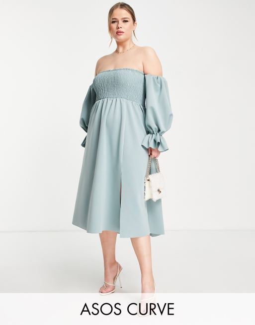 ASOS DESIGN Curve - Vestito midi per il ballo di fine anno arricciato con scollo alla Bardot e manica a campana grigio blu