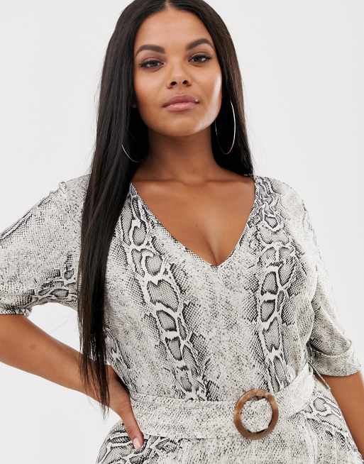 ASOS DESIGN Curve - Vestito midi pitonato a pieghe con scollo a V e cintura, 3 di 4
