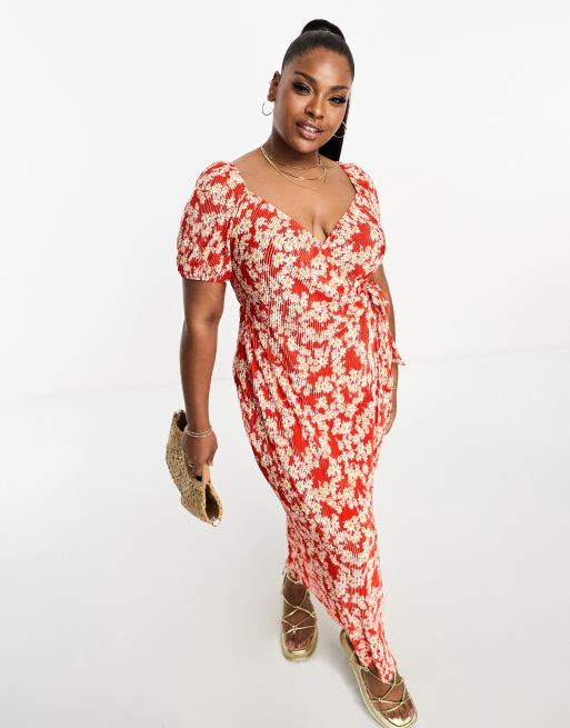 ASOS DESIGN Curve - Vestito midi plissé a portafoglio a fiorellini con allacciatura laterale 