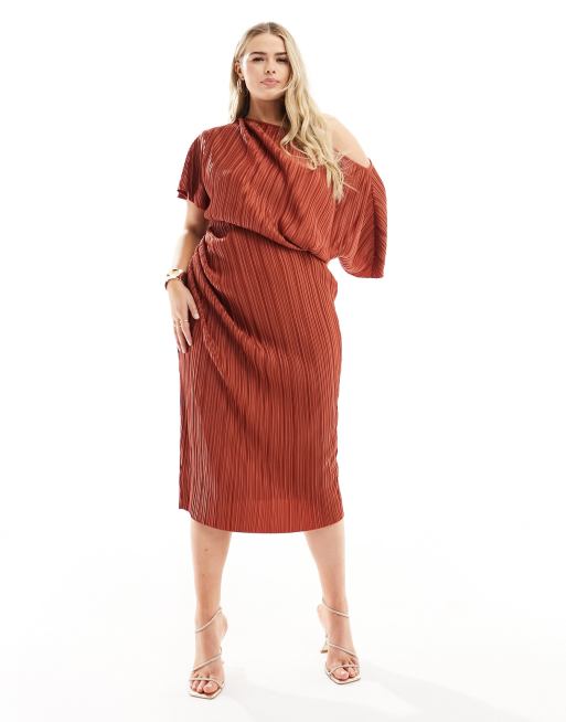ASOS DESIGN Curve - Vestito midi plissé color ruggine con spalla scesa