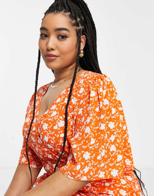 ASOS DESIGN Curve - Vestito midi rosso a fiori con maniche a pipistrello, 3 di 4