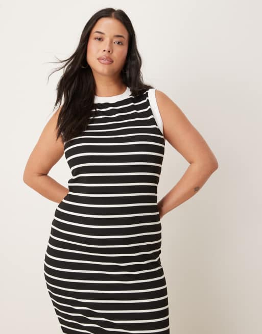 ASOS DESIGN Curve - Vestito midi senza maniche anni '90 strutturato a coste bianco e nero a righe, 2 di 4