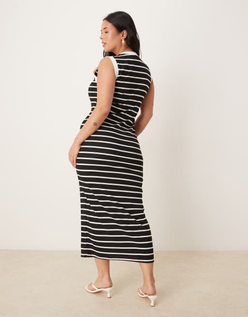 ASOS DESIGN Curve - Vestito midi senza maniche anni '90 strutturato a coste bianco e nero a righe, 4 di 4