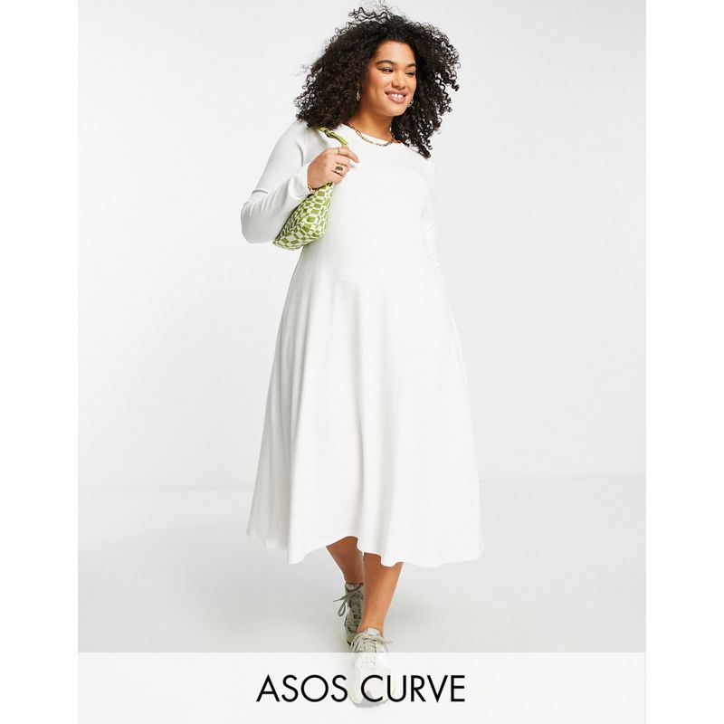 Donna Vestiti DESIGN Curve - Vestito midi svasato a maniche lunghe in tessuto super morbido bianco