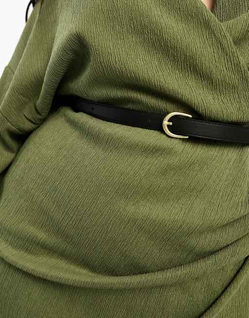 ASOS DESIGN Curve - Vestito midi testurizzato a portafoglio kaki con colletto, 2 di 4