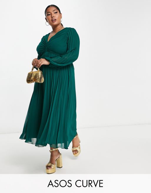 ASOS DESIGN Curve - Vestito midi verde bosco a pieghe con corpino e scollo profondo