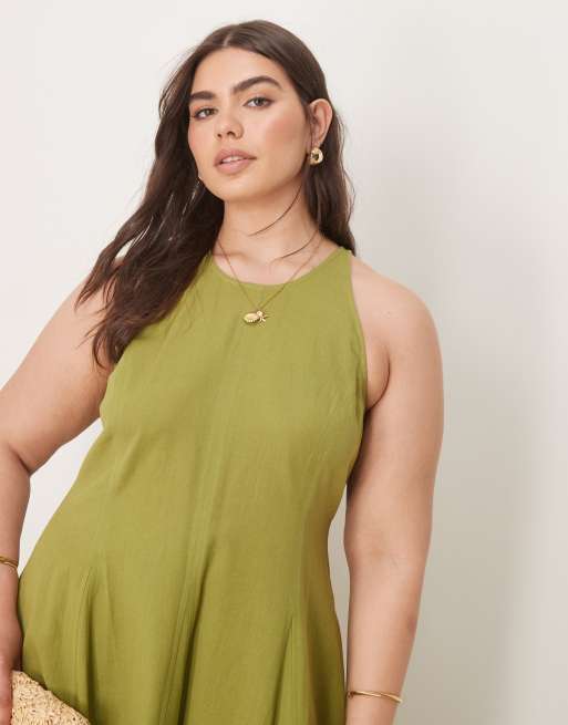 ASOS DESIGN Curve - Vestito midi verde oliva con cuciture a vista, 2 di 4