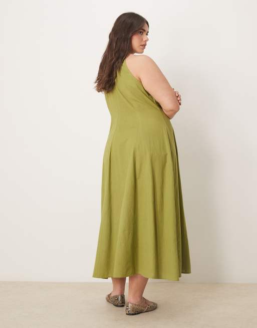 ASOS DESIGN Curve - Vestito midi verde oliva con cuciture a vista, 3 di 4