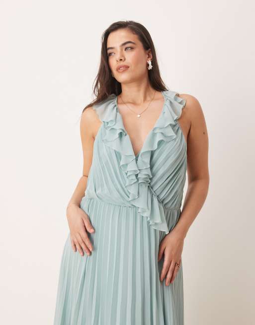 ASOS DESIGN Curve - Vestito midi verde salvia con volant avvolgente a pieghe, 3 di 4