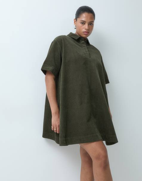 ASOS DESIGN Curve vestito mini polo in velluto a coste verde oliva - view 1