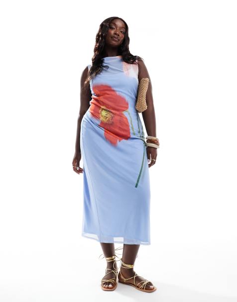 ASOS DESIGN Curve - Vestito senza maniche blu in rete con stampa floreale e gonna al polpaccio - view 1