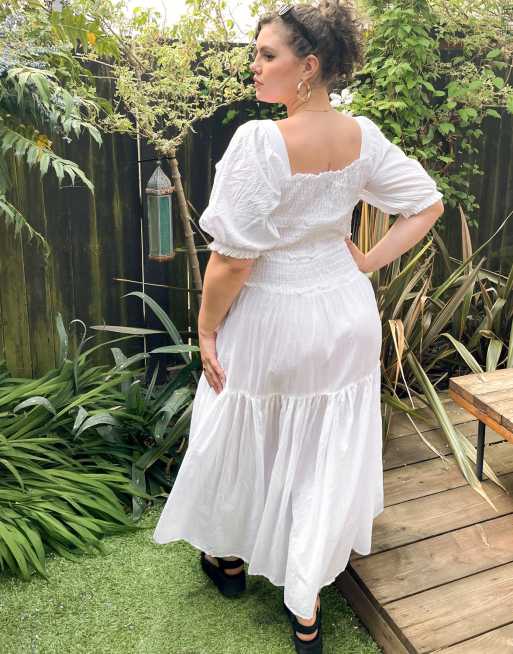 ASOS DESIGN Curve - Vestito skater midi arricciato con scollo squadrato e bordi grezzi bianco, 3 di 4