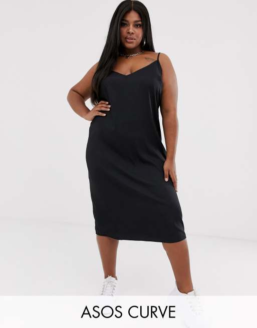 ASOS DESIGN Curve - Vestito slip midi con spalline sottili nero