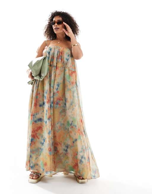 ASOS DESIGN Curve - Vestito sottoveste lungo con stampa sfocata e dettaglio raccolto in vita