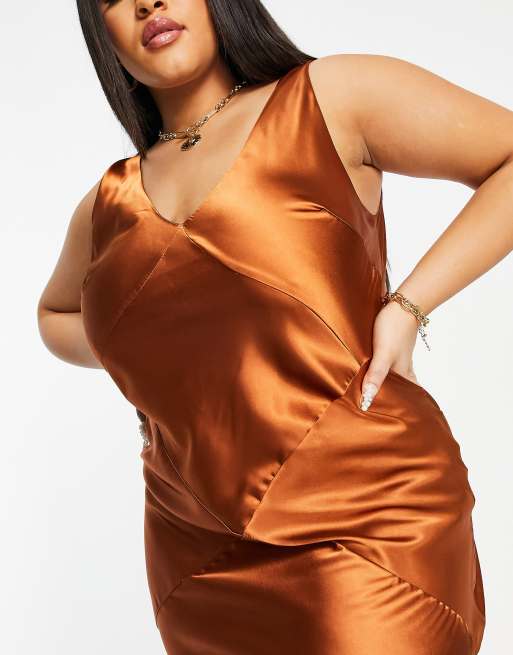 ASOS DESIGN Curve Vestito sottoveste midi in raso color rame con taglio sbieco