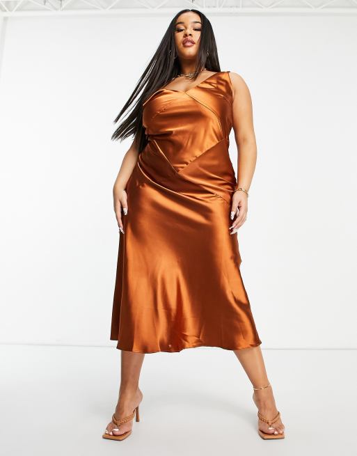 ASOS DESIGN Curve Vestito sottoveste midi in raso color rame con taglio sbieco