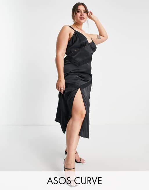 ASOS DESIGN Curve - Vestito sottoveste midi in raso con inserto in pizzo nero