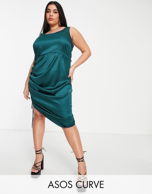 ASOS DESIGN Curve - Vestito sottoveste midi in raso verde-azzurro con ruches ai lati in coordinato