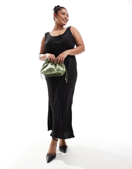 ASOS DESIGN Curve - Vestito sottoveste midi nero con scollo a coste e taglio sbieco