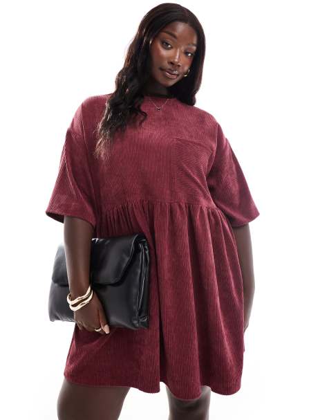 ASOS DESIGN Curve - Vestito T-shirt corto in velluto a coste bordeaux - view 1