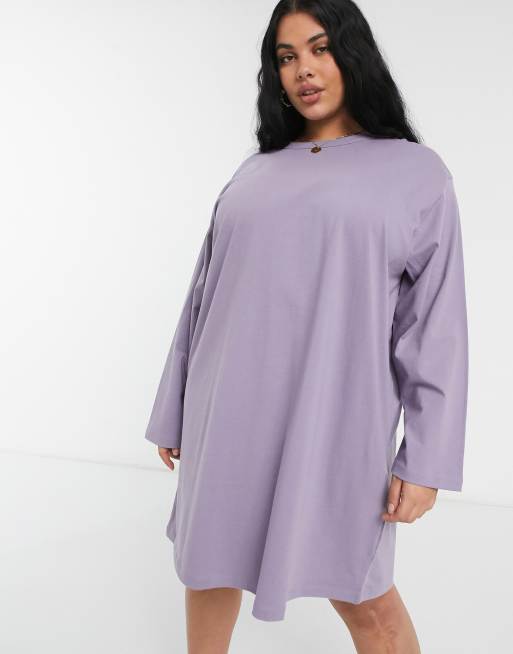 ASOS DESIGN Curve - Vestito T-shirt oversize a maniche lunghe viola cenere, 4 di 4