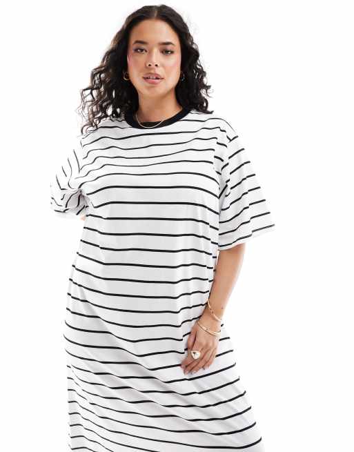 ASOS DESIGN Curve - Vestito t-shirt oversize con gonna al polpaccio a righe bianche e nere, 2 di 4