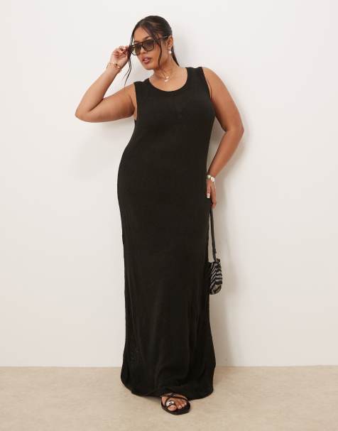 ASOS DESIGN Curve - Vestito testurizzato nero in maglia con scollo rotondo e gonna al polpaccio - view 1