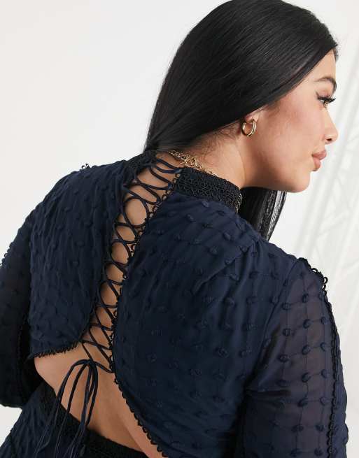 ASOS DESIGN Curve - Viktoriansk kjole med blonder i marineblå, 3 af 4