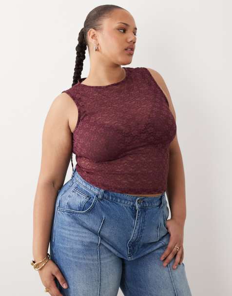 ASOS DESIGN Curve - Vinrød tanktop i blondestof - view 1