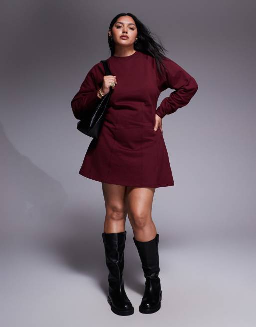 ASOS DESIGN Curve – Vinröd, kort tröjklänning i bomull med korsettmidja, 2 av 4