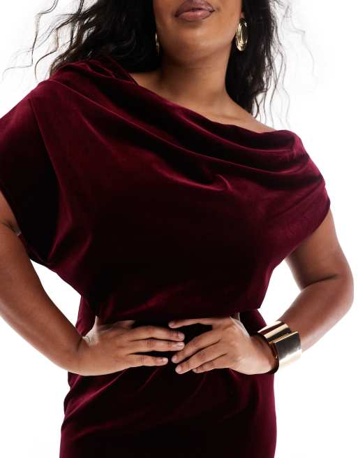 ASOS DESIGN Curve – Vinröd midiklänning i sammet med dramatisk ringning, 2 av 4