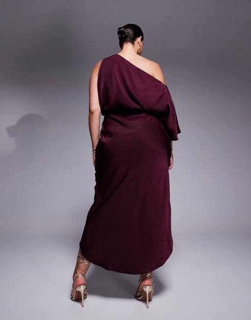 ASOS DESIGN Curve – Vinröd midiklänning i satin med fallen shoulder-design och omlottkjol, 3 av 4