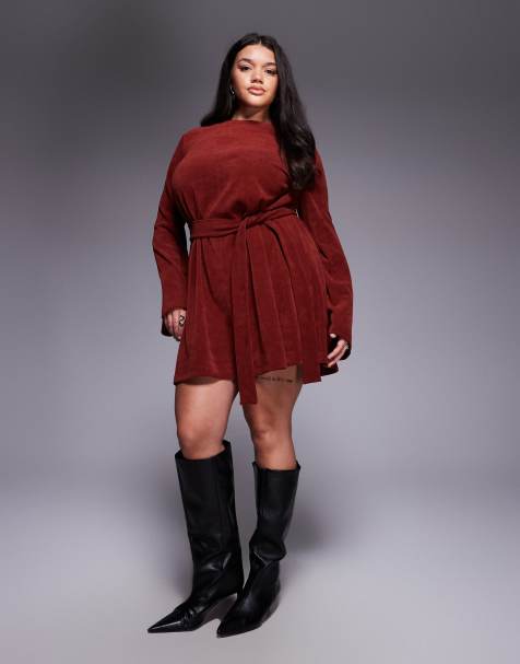 ASOS DESIGN Curve – Vinröd miniklänning i manchester med utsvängda ärmar och knytning i midjan - view 1