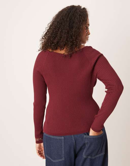 ASOS DESIGN Curve – Vinröd, strukturstickad topp med v-ringning, 4 av 4