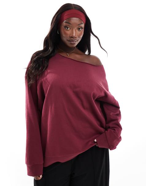 ASOS DESIGN Curve – Vinröd sweatshirt med off shoulder - view 1